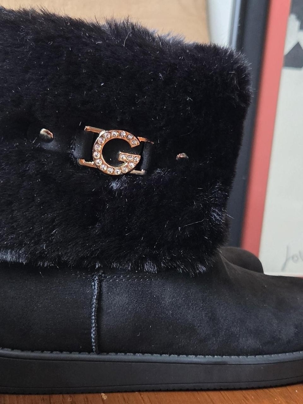 G by Guess Black Faux Fur Winter Boots with Crystal G Accent